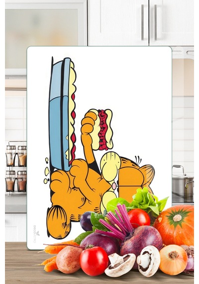Garfield Lazanya Desenli Cam Kesme Tahtası Ve Sunumluk 25 X 35 Cm Çok Renkli