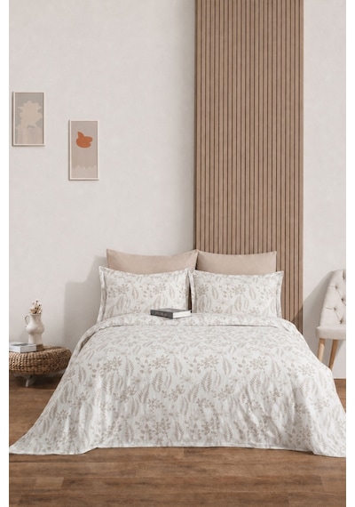 Elart Mokka Yatak Örtüsü Çift Kişilik Keten Görünümlü 3 Parça 240x230 Cm Krem