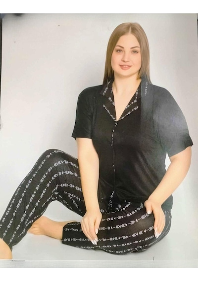 Pijamoni Kadın Viskon Büyük Beden Kısa Kol Boydan Düğmeli İnce Pijama Takımı 7550/1 - 1 Adet 001