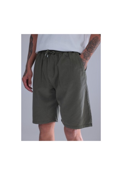Blayn Jeans Erkek Çağla Keten Şort Beli Lastikli Bağcıklı Oversize Rahat Yazlık Günlük Şort Haki