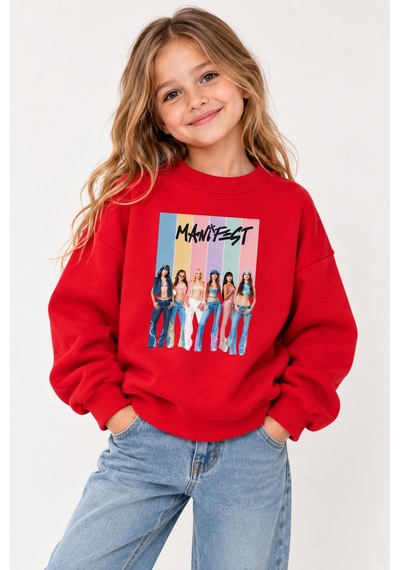 Fasardi Super Bear Adventure Baskılı Oversize 3 İplik Şardonsuz Uzun Kollu Unisex Çocuk Sweatshirt Kırmızı