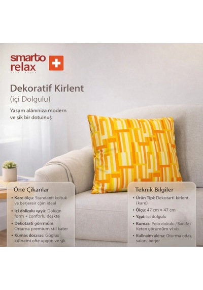 Smarto Relax Içi Dolgulu Kırlent 45x45 Cm Kare Salon & Berjer Kırlenti Sarı - Turuncu