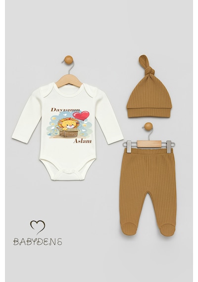 Babyden's Dayısının Aslanı Baskılı 3 Lü Bebek Takımı %100 Pamuklu Şapkalı Set Uzun Kol Çıtçıtlı Zıbın Şapka Açık Kahverengi