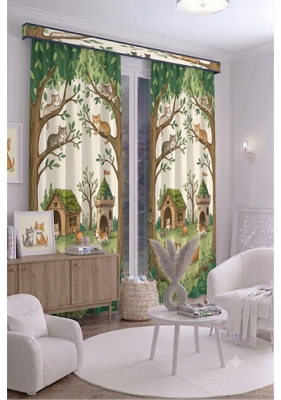 Bebek Çocuk Odası Fon Perdesi 140x260 Cm 2 Kanat Sevimli Desenli Dekoratif Dijital Baskılı Premium Çocuk Odası Perdesi Haki