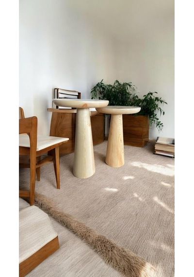 Wood Ahşap 2'li Set Konik Mantar Yan Sehpa Modern Fiskos /naturel Renk / Zigon Sehpa Vernikli Naturel