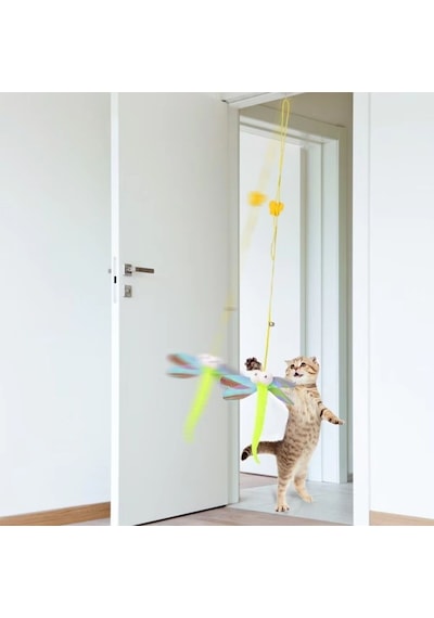 Yusa Stores Kendiliğinden Yapışkanlı Uzun İpli Tüylü Zilli Peluş Kedi Oyun Oltası Kedi Oyuncağı