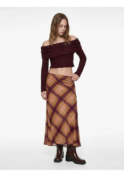 Koton Omzu Açık Crop Dantel Bordo Kadın Uzun Kollu T-shirt 6wal10621ık Bordo