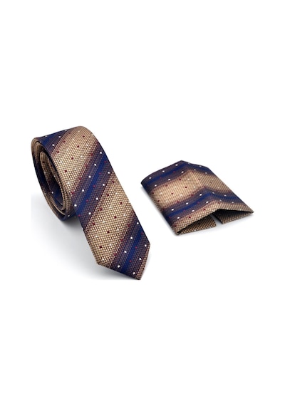 Gaffy Bej Kahverengi Ve Lacivert Verev Desenli Dokuma Kumaş Mendilli Slim Fit Kravat // Sdk-240801 Desenli