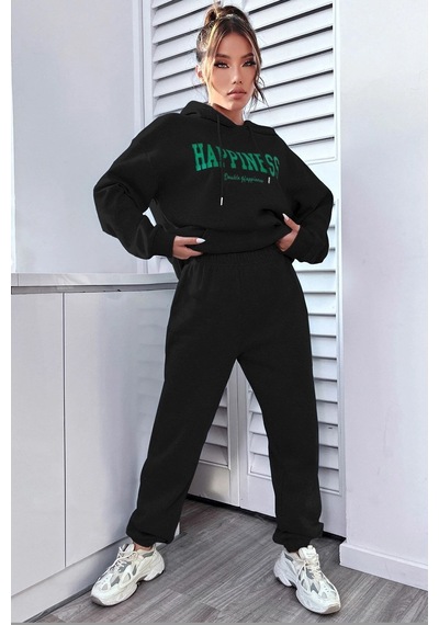 Uyguntarz Unisex Happiness Baskılı Eşofman Takımı Siyah