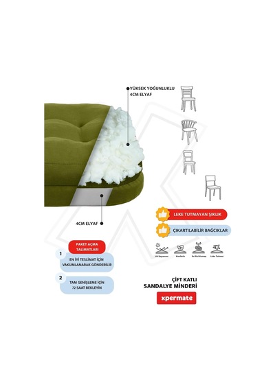 Xpermate Sandalye Minderi 4'lü Set 42x42x8 Cm Kalın Çift Kat Pofidik Minder Yıkanabilir Fermuarlı Su Ve Yağ İtici Diğer