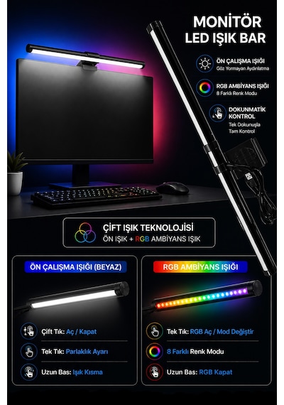 Dokunmatik Monitör Üstü Led Aydınlatma Rgb Ambiyans & 3 Renk Işık Ayarlanabilir