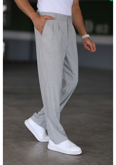 Bürke Baggy Çift Pileli Gri Renk Beli Lastikli Kaliteli Rahat Kesim Klasik Bol Paça Baggy Pantolon