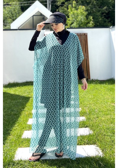 Remsa Tesettür Mayo Üzerine Desenli Tek Kaftan Pareo 430-306 Mint Mint Yeşili