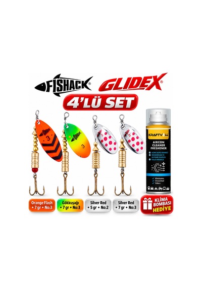 Fishack Glidex 4'lü Döner Kaşık Seti + Klima Bombası - Orange Flash 7 Gr No:3 + Gökkuşağı 7 Gr No:3 + Silver Red 5 Gr No:2 + Silver Red 7 Gr No:3