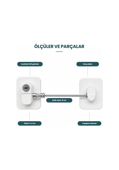 Vidasız Halatlı Pencere Emniyet Kilidi, Anahtarlı Çelik Halatlı Çocuk Güvenlik Kilidi, Yapışkanlı, Beyaz Altın Ve Çok Renkli