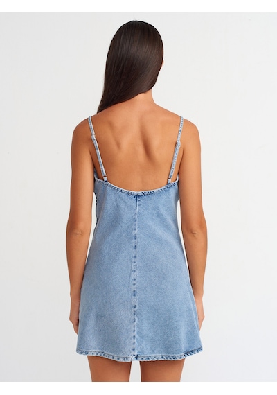 Dilvin Askılı Verev Kesim Denim Elbise Mavi