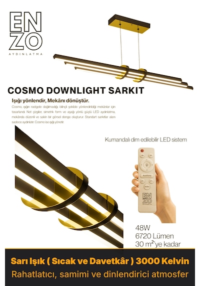 Cosmo Gold Lineer Led Sarkıt Avize Kumandalı Dim Edilebilir Aşağı Işık Sarı Işık