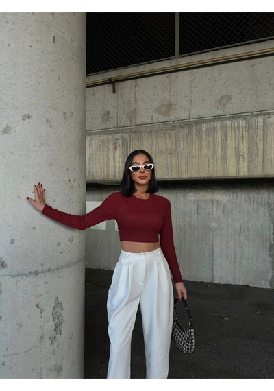 Lymens Şık Ve Modern Burgu Sırt Detay Crop Uzun Kollu Bisiklet Yaka Bluz Bordo
