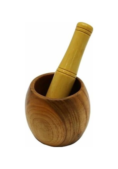 Ahşap Bambu Havan Sarımsak Dövücü, 8cm Çap, 5.5cm Derinlik, 9.5cm Yükseklik, Fileli Ambalaj Açık Bej