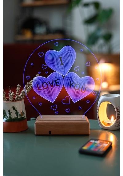 Sevgiliye 3 Kalp I Love You 16 Renk Kumandalı 3d Gece Lambası Çok Renkli