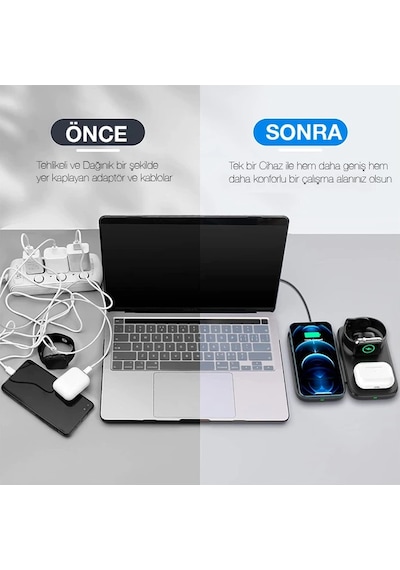Ally W66 15w 3 İn1 Android + Apple iPhone Uyumlu Taşınabilir Mini Kablosuz Hızlı Şarj Standı- 5775