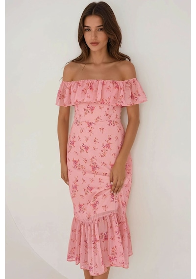 Hiccup Omzu Açık Çiçek Desenli Bodycon Midi Elbise Pembe
