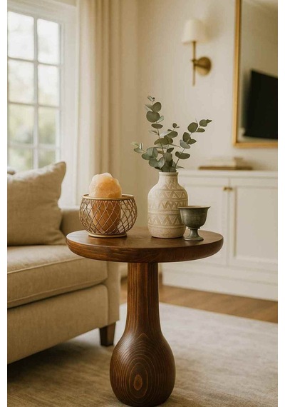 Masif Ahşap Meşe Renk Tekli Yan Sehpa Dekoratif Mantar Sehpa - Coffee Table Meşe