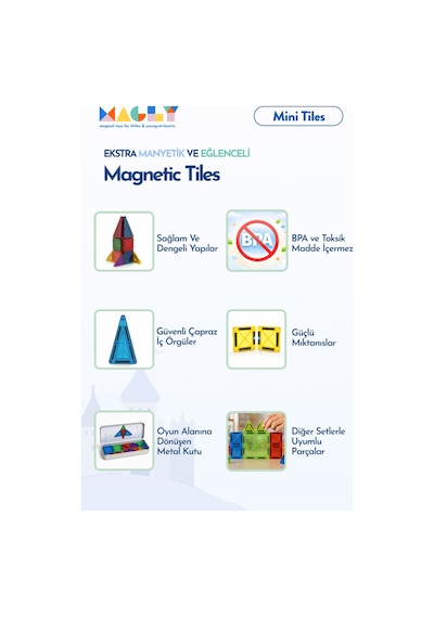 Magly Mini Tiles - Seyahat Boy Manyetik Yapı Blokları - Çocuklar İçin Metal Kutulu 32 Parça Mini Manyetik Oyun Seti