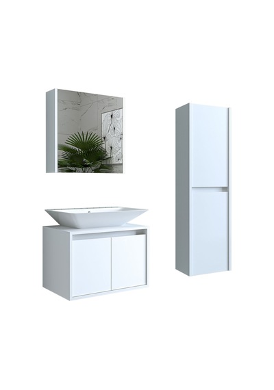 Banos Banyo Roomart Lavabolu Mat Beyaz Mdf 65 Cm Banyo Dolabı+Ayn Mat Beyaz