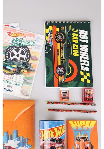 Yeni Sezon Lisanslı Hot Wheels 12 Parça Kırtasiye Seti Çıtçıt Dosya,kalem,silgi,kumbara,kalemtraş,resim Defteri,okul Etiketi Altın