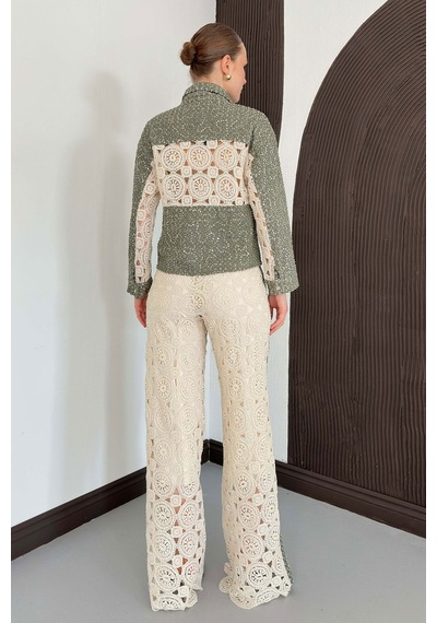 Verymoda Dantel Detatlı Kot Ceket F1758 Ham Haki