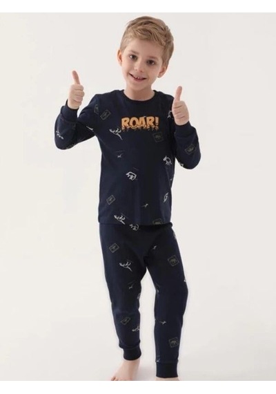 Cantoy Erkek Çocuk Roar Yazılı Dinozor Baskılı Uzun Kollu Pijama Takımı-16036 Lacivert