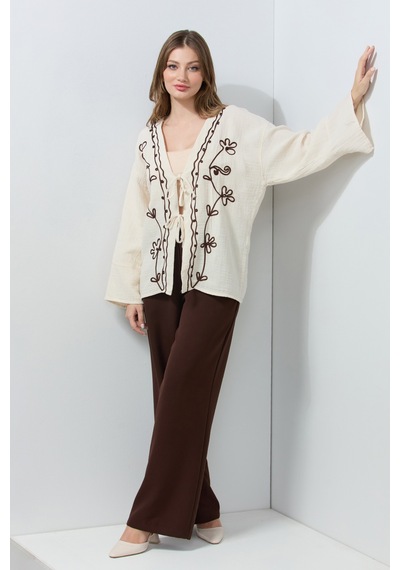 Fullamoda Nakışlı Önü Bağcıklı Keten Görünümlü Kimono Bej
