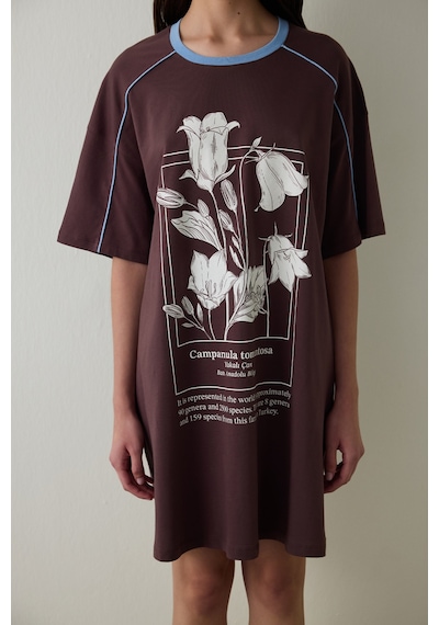 Penti Kahverengi Çiçekli Bisiklet Yaka Kısa Kollu Pamuklu Çan Gecelik - Inspired by Flora