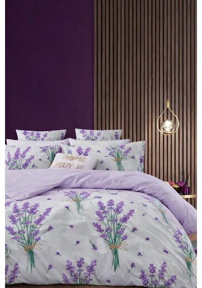 Mor Lavanta Desenli Çift Kişilik Nevresim Takımı Modern Floral Seri Çok Renkli