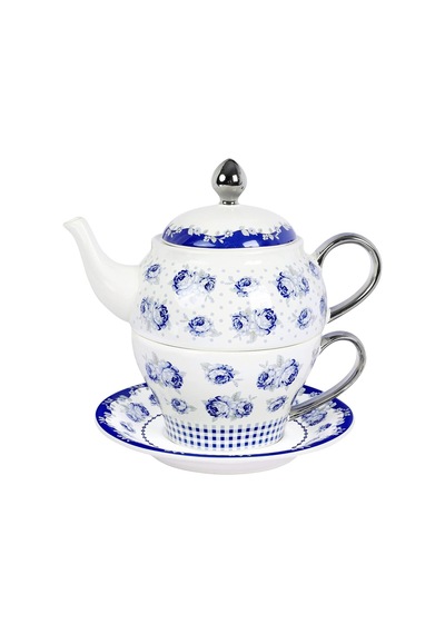 Vintage Mavi Çiçekli Çay Seti, Puantiyeli Porselen 450 Ml Çaydanlık, 220 Ml Fincan