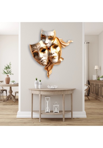 Altın Tiyatro Maskeleri - Metal Tablo - Dec0097 58 X 65 Cm Çok Renkli
