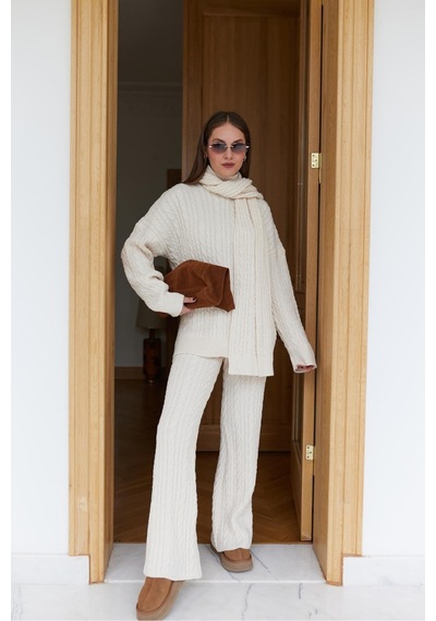 Meecy Kadın Triko Pantolon Takım Oversize Saç Örgülü Ekru Ekru