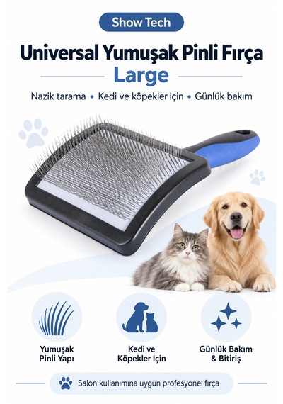 Showtech Universal Yumuşak Pinli Kedi Köpek Hassas Tarama Fırçası Büyük Boy