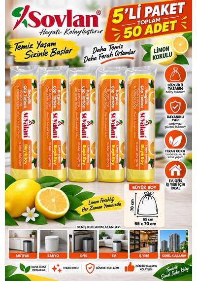 Limon Kokulu Büzgülü Çöp Torbası Büyük Boy 65x70 Cm 5'li Paket 50 Adet