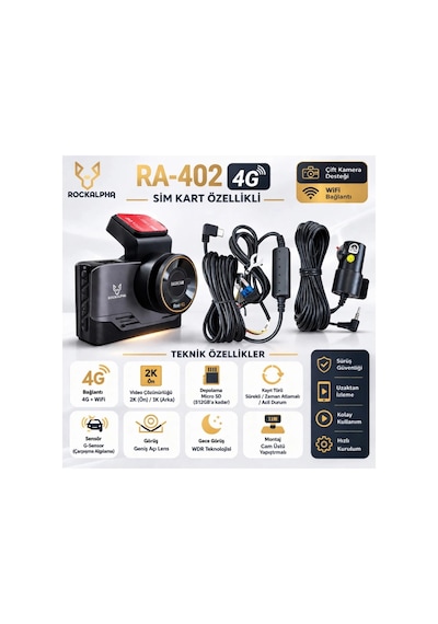 Rockalpha Araç Kayıt Kamerası - Ra-402 Uzaktan İzlemeli Sim Kartlı 4g Ön Ve Arka Araç Kayıt Kamerası