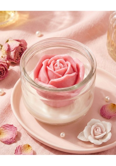 1 Adet Gül Şekilli Kavanoz Soya Mum Pembe