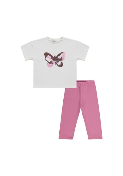 Civil Girls Kız Çocuk Kelebek Nakışlı 6-9 Yaş Takım - Ekru-soft Pembe