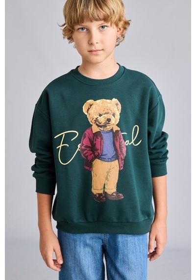 Defacto Oversize Bisiklet Yaka Ayıcık Figürlü Baskılı Uzun Kollu Sweatshirt Erkek Çocuk I3299a826wngn536 Yeşil-gn536