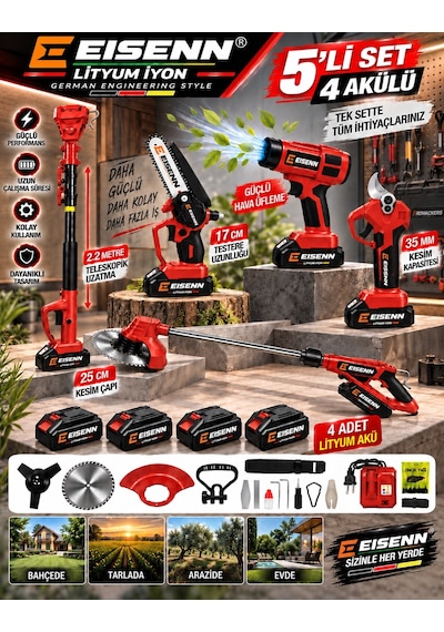 Red 500 Full 5 Li Bahçe Seti Makas 17 Cm Testere Hava Üfleme Çim Biçme Teleskop +4 Akülü
