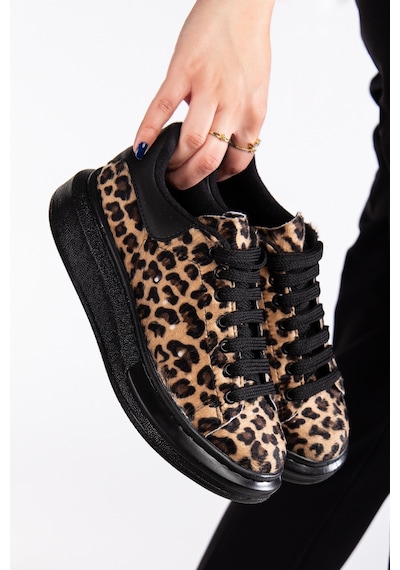 Erceka Günlük Spor Ayakkabı Kadın Sneaker Bağcıklı Leopar Siyah-beyaz-kahverengi Tam Siyah / Leopar