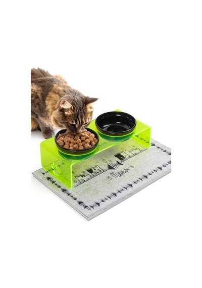 Gobypet 2'li Yeşil Pleksi Dekoratif Kedi Ve Köpek Seramik Mama & Su Kabı + Paspas