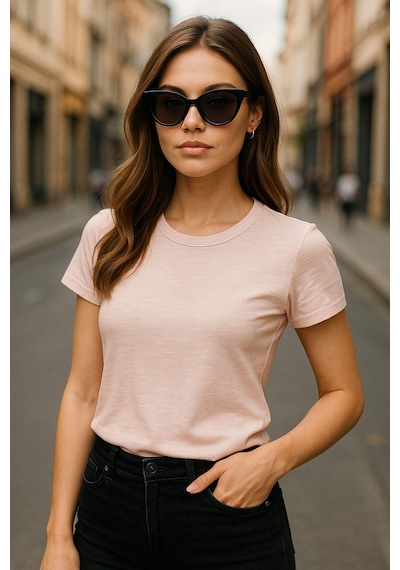 Kadın %100 Organik Pamuklu Relaxed Yıkamalı T-shirt Bisiklet Yaka Kısa Kollu Kadın Basic Tişört Pembe