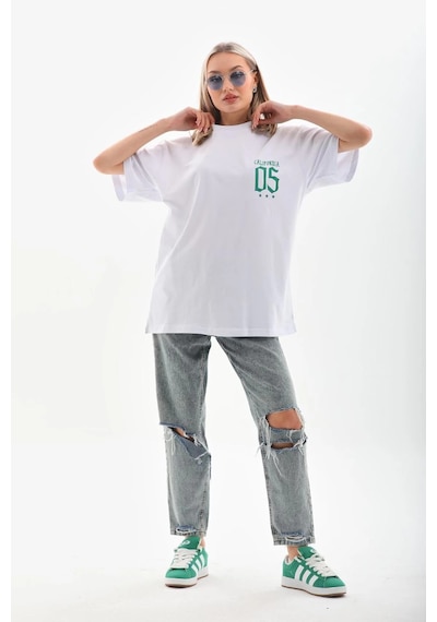 Novalisse Kadın Kısa Kol Oversize Baskılı T-shirt - Beyaz Çoklu Renk
