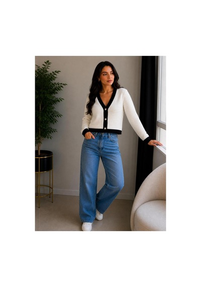 Hira Life Fashion Kadın V Yaka Düğmeli Şeritli Kısa Crop Ceket-hırka Bej Bej